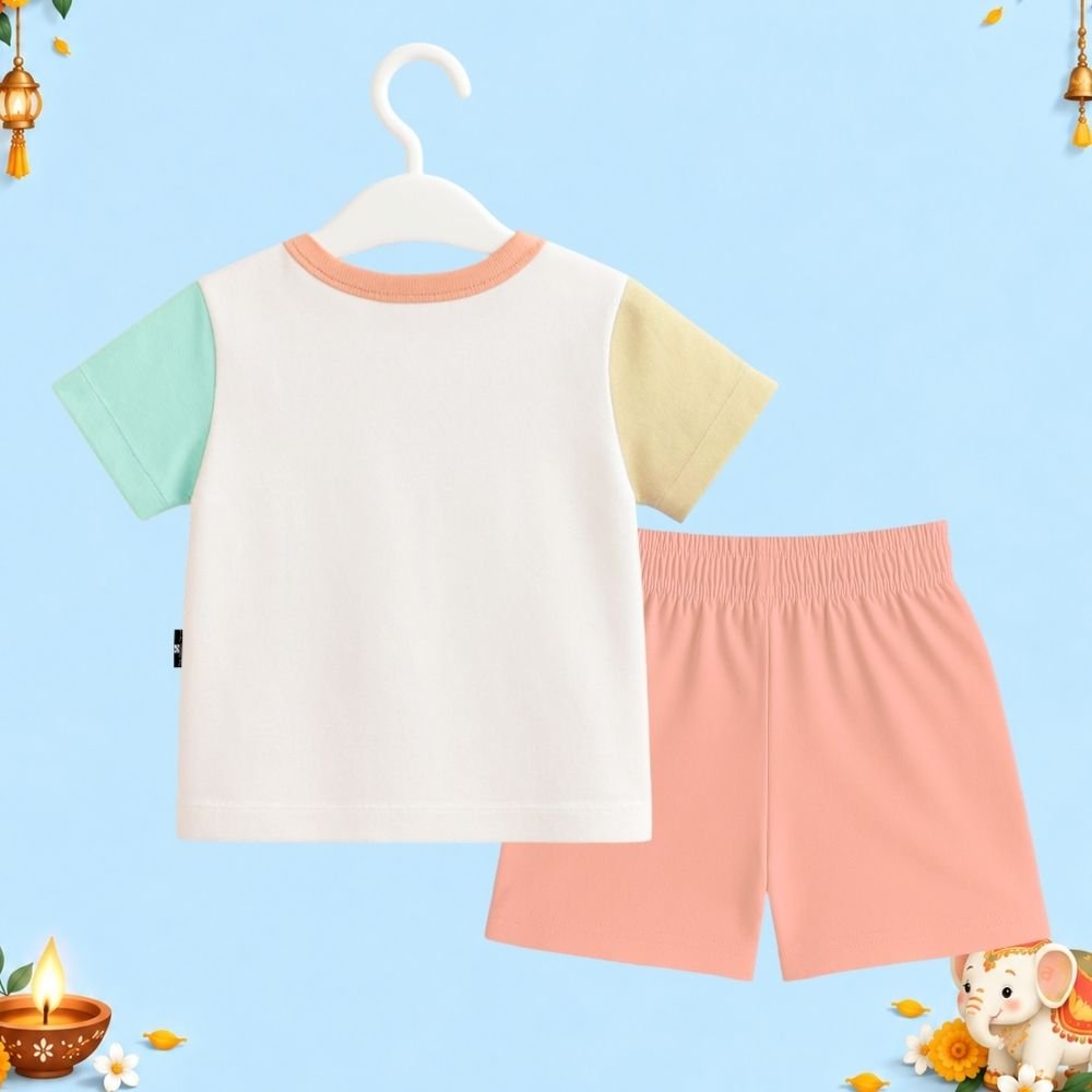 The Peppy Tend 100% Cotton Knit Half Sleeves My 1st Diwali Printed T-Shirt Shorts Set - Image 3
