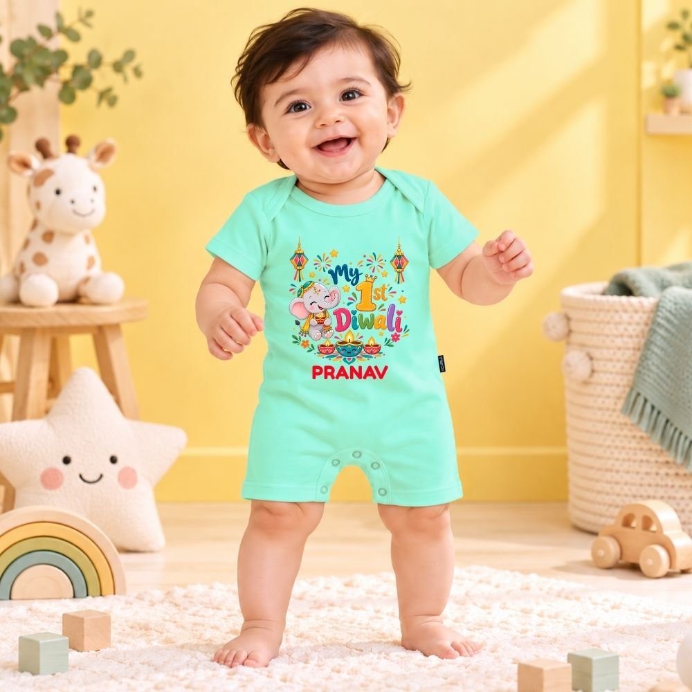 The Peppy Tend 100% Cotton Knit Half Sleeves My 1st Diwali Printed Half Romper - Image 2