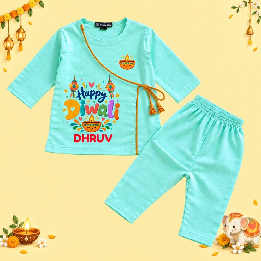 The Peppy Tend 100% Cotton Woven Full Sleeves Happy Diwali Printed Kurta Pyjama Set - Image 1