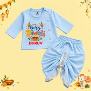 The Peppy Tend 100% Cotton Knit Full Sleeves Happy Diwali Printed Kurta Dhoti Set