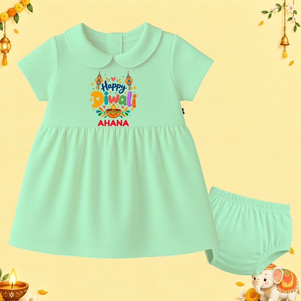The Peppy Tend 100% Cotton Knit Half Sleeves Happy Diwali Printed Frock Bloomer Set - Image 1