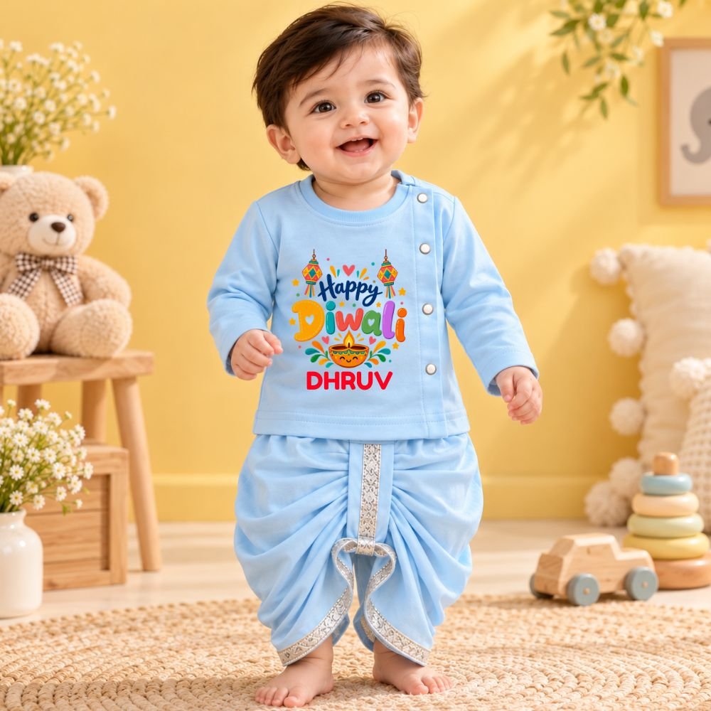 The Peppy Tend 100% Cotton Knit Full Sleeves Happy Diwali Printed Kurta Dhoti Set - Image 2