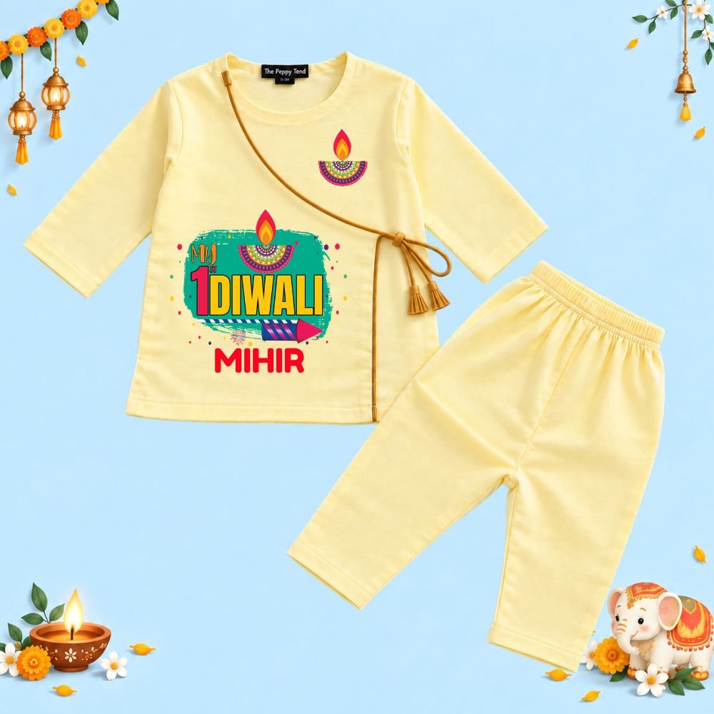 The Peppy Tend 100% Cotton Woven Full Sleeves My 1st Diwali Printed Kurta Pyjama Set - Image 1