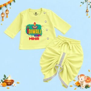 The Peppy Tend 100% Cotton Knit Full Sleeves My 1st Diwali Printed Kurta Dhoti Set