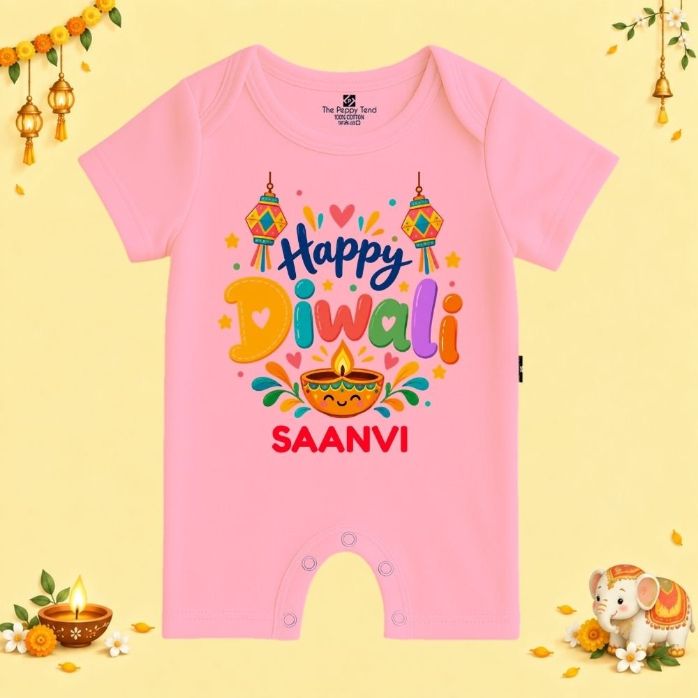 The Peppy Tend 100% Cotton Knit Half Sleeves Happy Diwali Printed Half Romper - Image 1