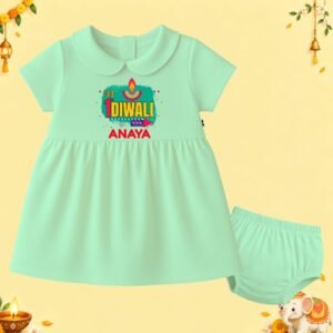 The Peppy Tend 100% Cotton Knit Half Sleeves My 1st Diwali Printed Frock Bloomer Set
