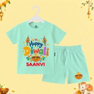 The Peppy Tend 100% Cotton Knit Half Sleeves Happy Diwali Printed T-Shirt Shorts Set