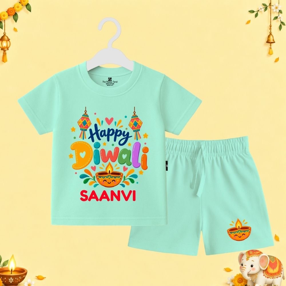 The Peppy Tend 100% Cotton Knit Half Sleeves Happy Diwali Printed T-Shirt Shorts Set - Image 1