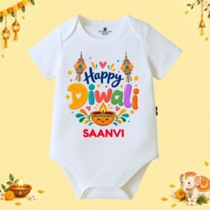 The Peppy Tend 100% Cotton Knit Half Sleeves Happy Diwali Printed Half Onesie