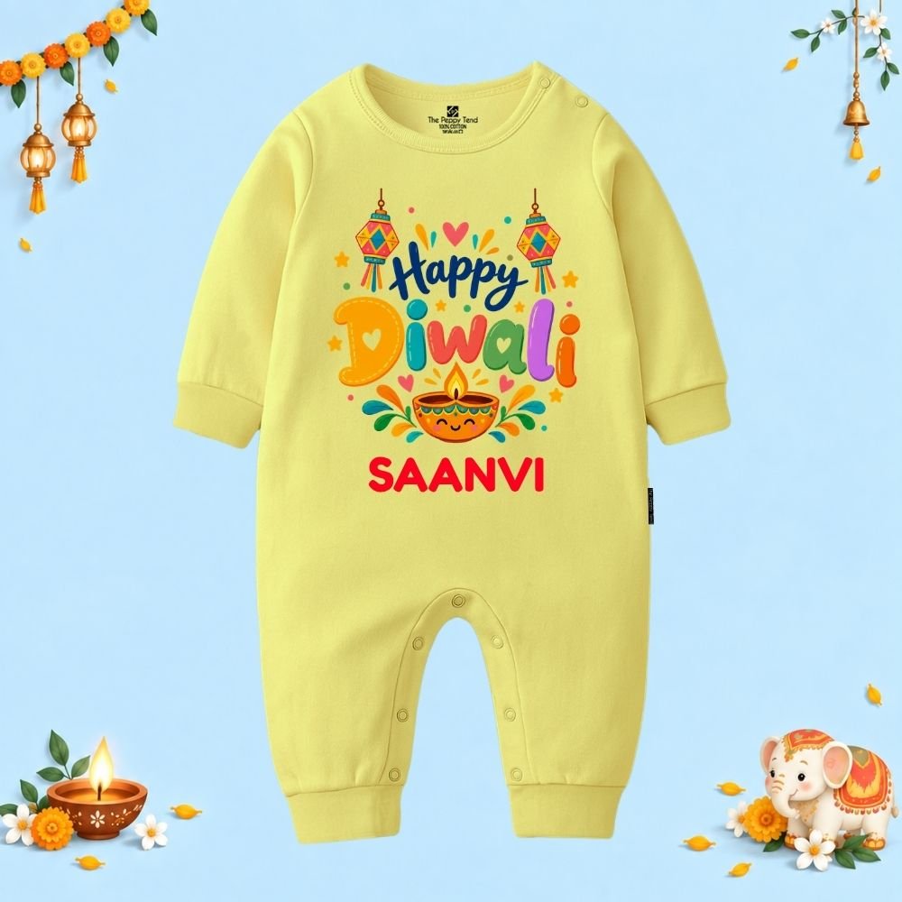 The Peppy Tend 100% Cotton Knit Full Sleeves Happy Diwali Printed Full Romper - Image 1